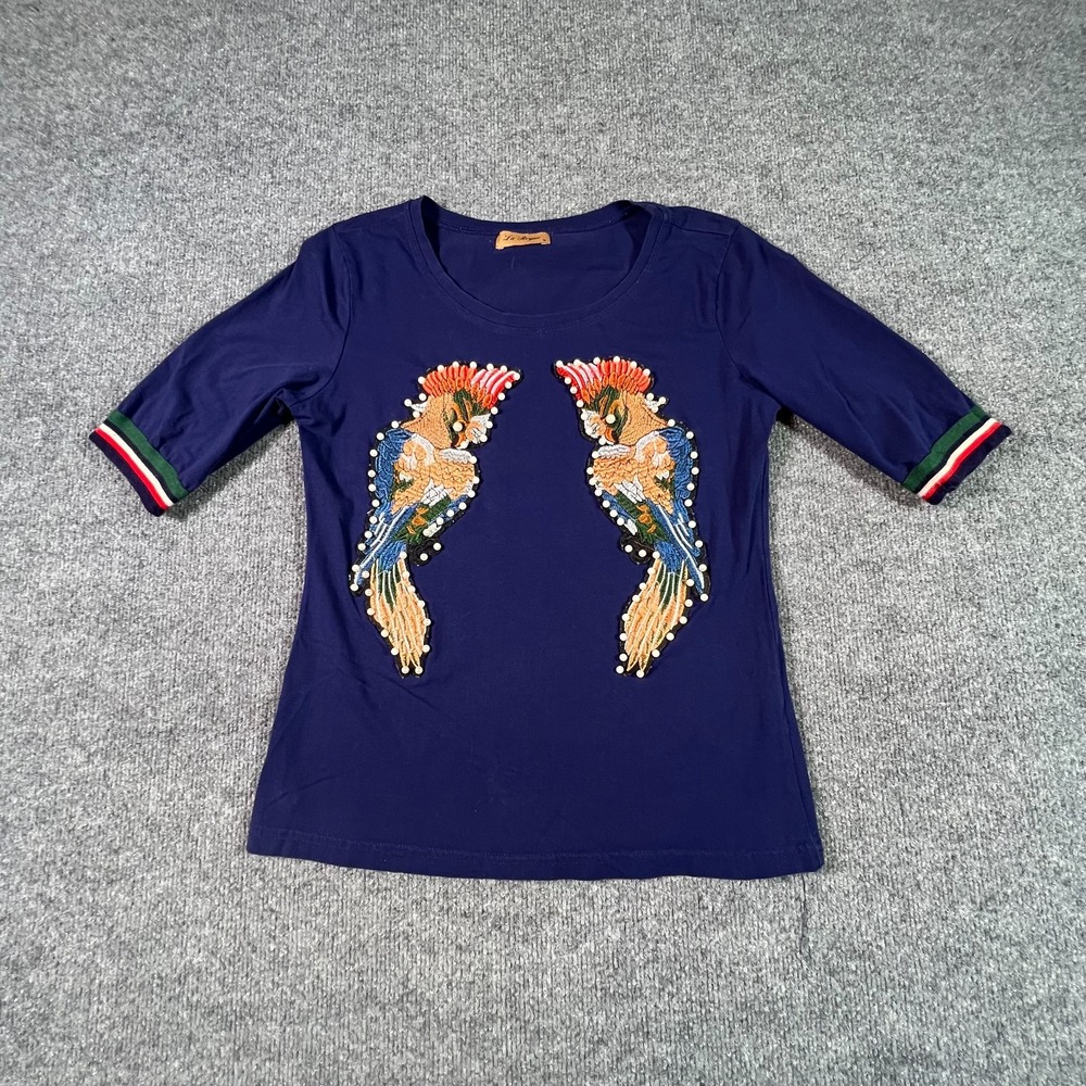 La Reyna Womens M Blue Cotton Bird Bead Thread Embroidery 3/4 Sleeve T-Shirt